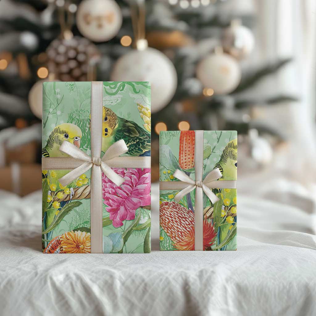 Birds and Floral Aussie Budgerigars Wrapping Paper Mint Opal
