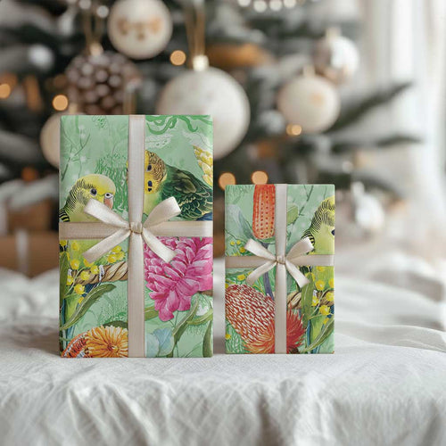 Birds and Floral Aussie Budgerigars Wrapping Paper Mint Opal