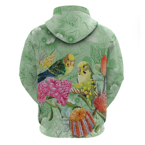 Birds and Floral Aussie Budgerigars Zip Hoodie Mint Opal - Aussie Hoodie