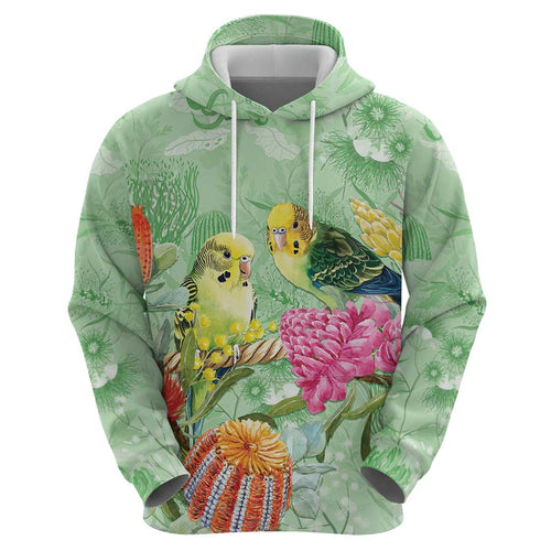 Birds and Floral Aussie Budgerigars Zip Hoodie Mint Opal - Aussie Hoodie