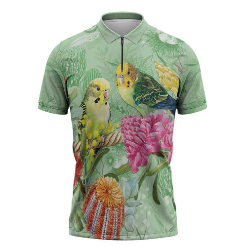 Birds and Floral Aussie Budgerigars Zipper Polo Shirt Mint Opal - Aussie Hoodie