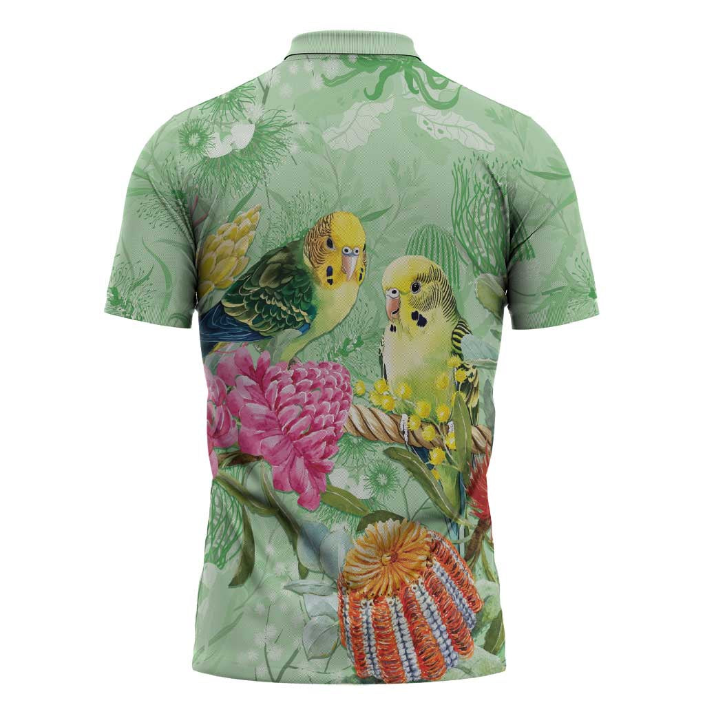 Birds and Floral Aussie Budgerigars Zipper Polo Shirt Mint Opal - Aussie Hoodie