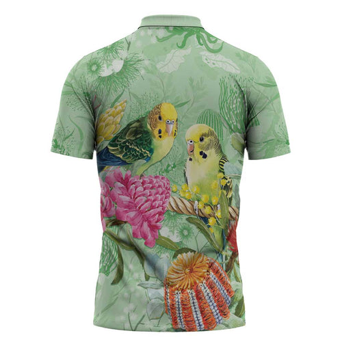 Birds and Floral Aussie Budgerigars Zipper Polo Shirt Mint Opal - Aussie Hoodie