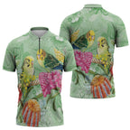 Birds and Floral Aussie Budgerigars Zipper Polo Shirt Mint Opal - Aussie Hoodie