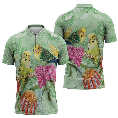 Birds and Floral Aussie Budgerigars Zipper Polo Shirt Mint Opal - Aussie Hoodie