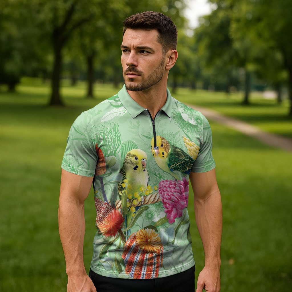 Birds and Floral Aussie Budgerigars Zipper Polo Shirt Mint Opal - Aussie Hoodie