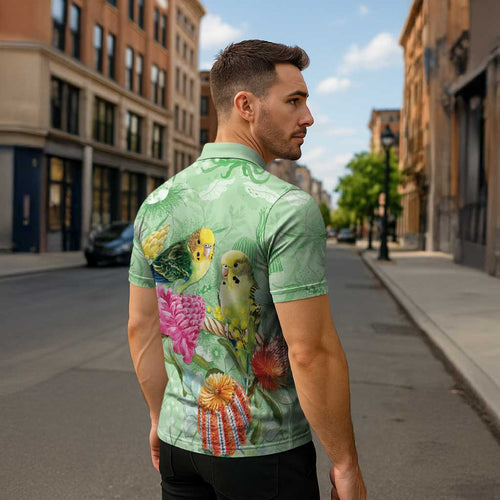 Birds and Floral Aussie Budgerigars Zipper Polo Shirt Mint Opal - Aussie Hoodie