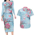 Galah Birds Australia Baby Blue & Pink Couples Matching Long Sleeve Bodycon Dress and Hawaiian Shirt - Aussie Hoodie