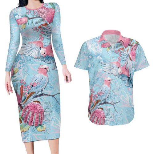 Galah Birds Australia Baby Blue & Pink Couples Matching Long Sleeve Bodycon Dress and Hawaiian Shirt - Aussie Hoodie