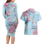 Galah Birds Australia Baby Blue & Pink Couples Matching Long Sleeve Bodycon Dress and Hawaiian Shirt - Aussie Hoodie