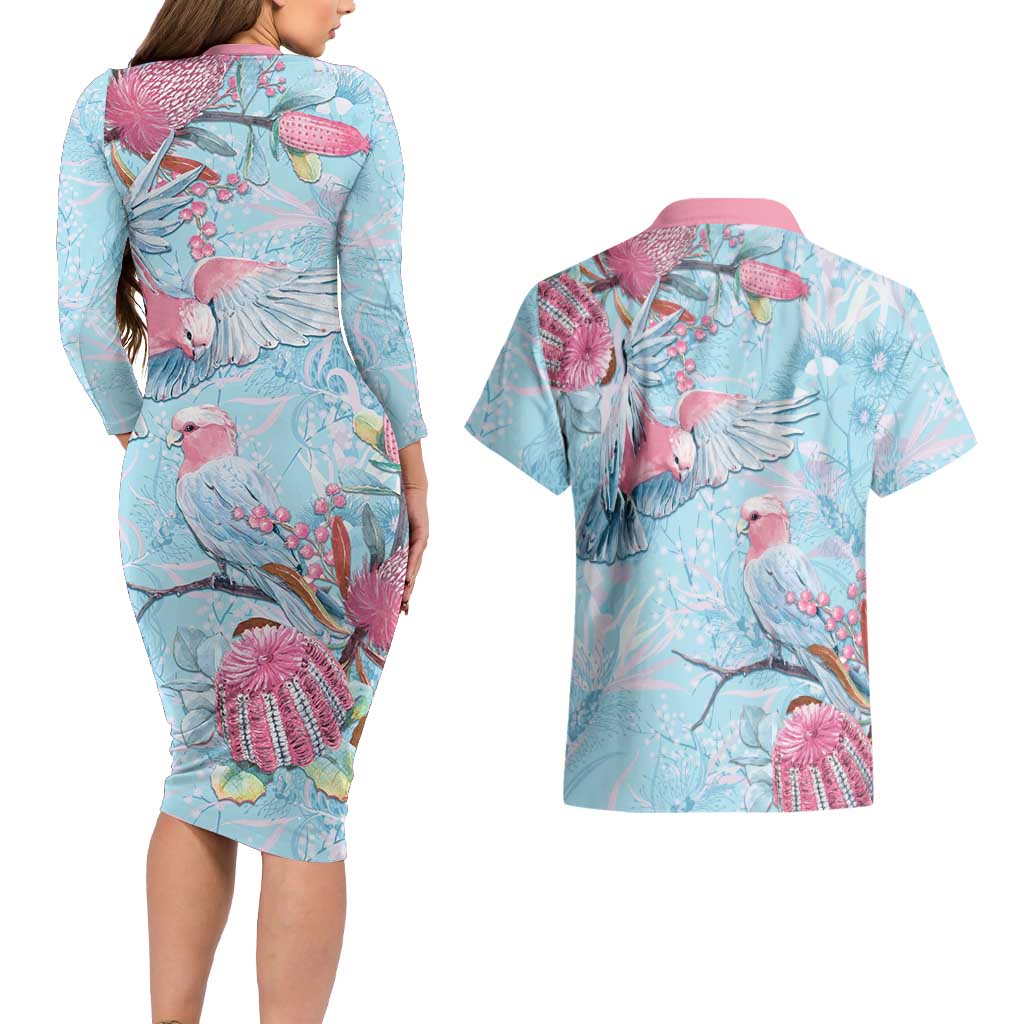Galah Birds Australia Baby Blue & Pink Couples Matching Long Sleeve Bodycon Dress and Hawaiian Shirt - Aussie Hoodie