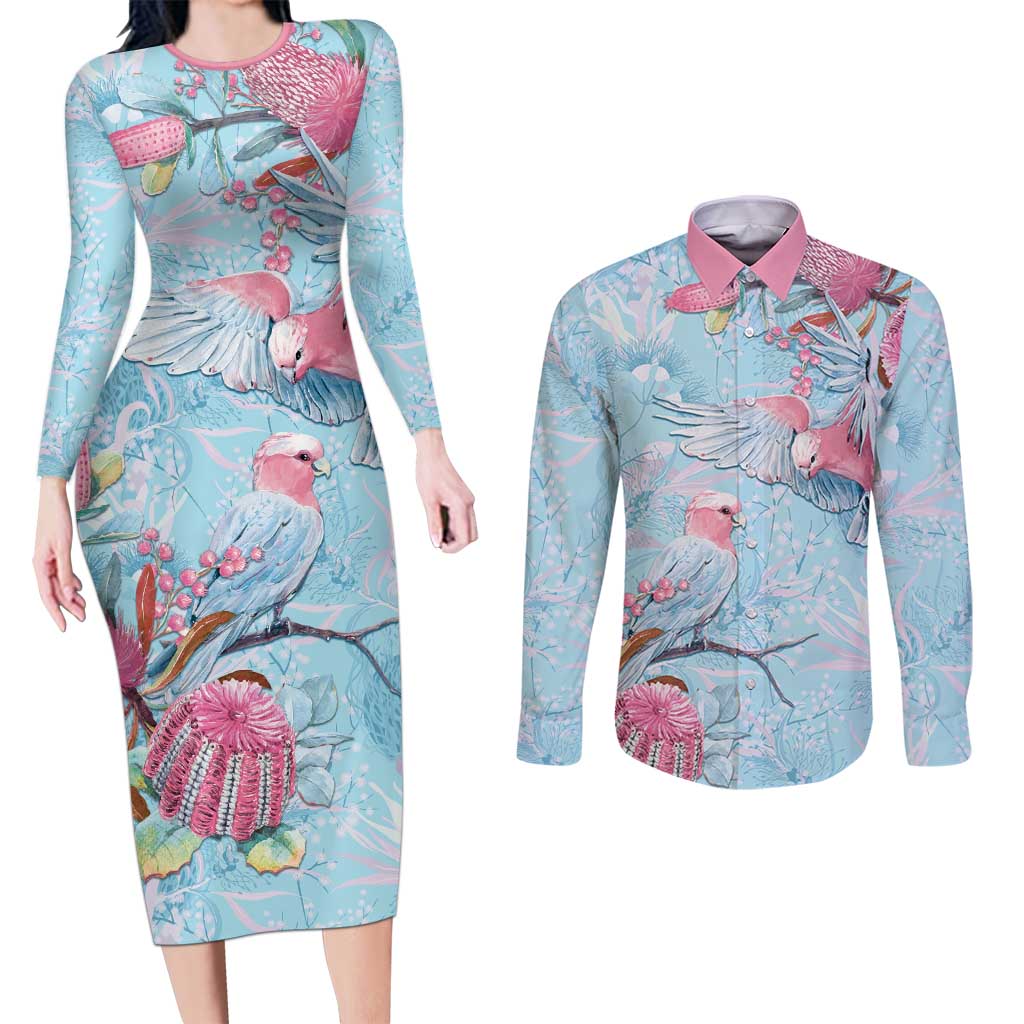 Galah Birds Australia Baby Blue & Pink Couples Matching Long Sleeve Bodycon Dress and Long Sleeve Button Shirt - Aussie Hoodie