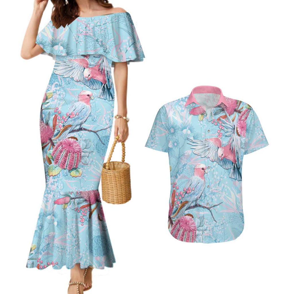 Galah Birds Australia Baby Blue & Pink Couples Matching Mermaid Dress and Hawaiian Shirt - Aussie Hoodie