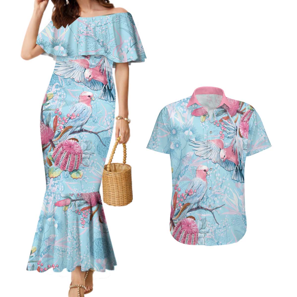 Galah Birds Australia Baby Blue & Pink Couples Matching Mermaid Dress and Hawaiian Shirt - Aussie Hoodie
