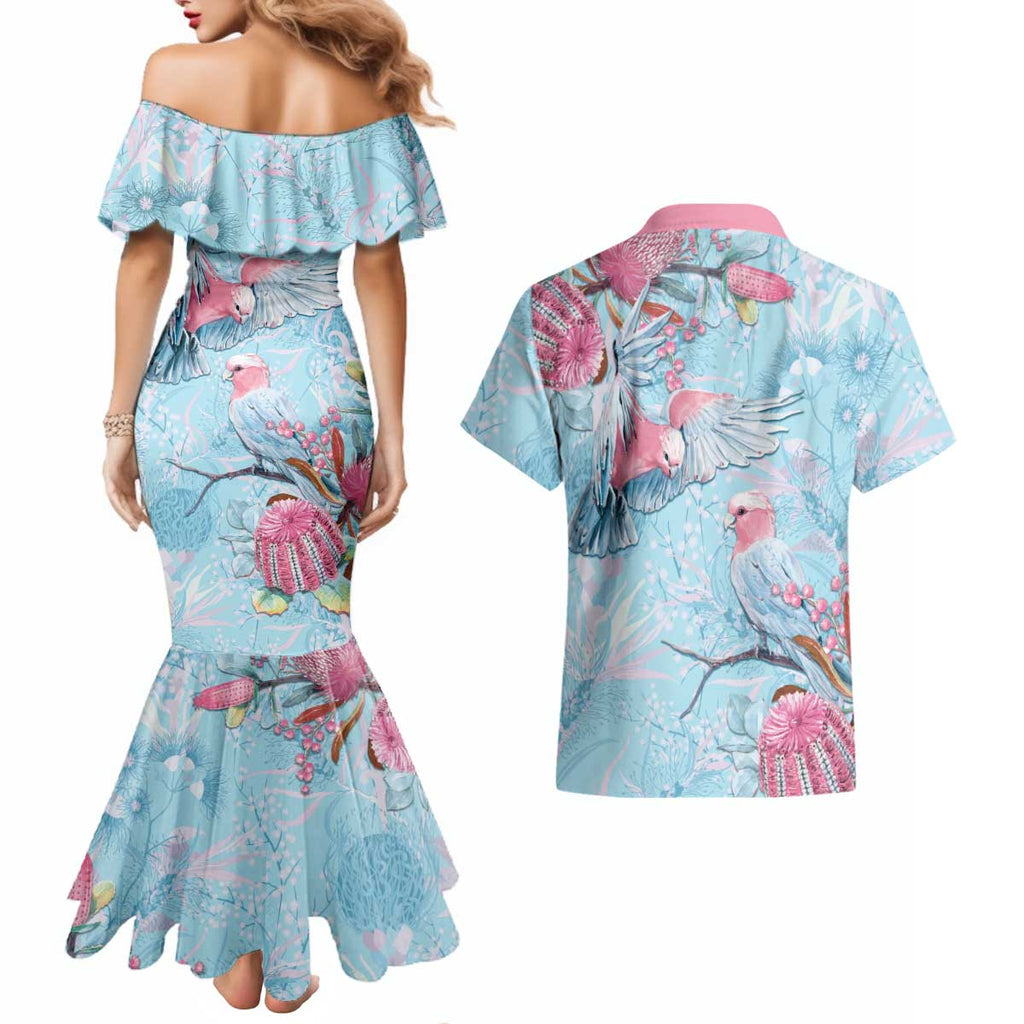 Galah Birds Australia Baby Blue & Pink Couples Matching Mermaid Dress and Hawaiian Shirt - Aussie Hoodie