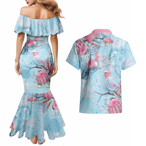 Galah Birds Australia Baby Blue & Pink Couples Matching Mermaid Dress and Hawaiian Shirt - Aussie Hoodie