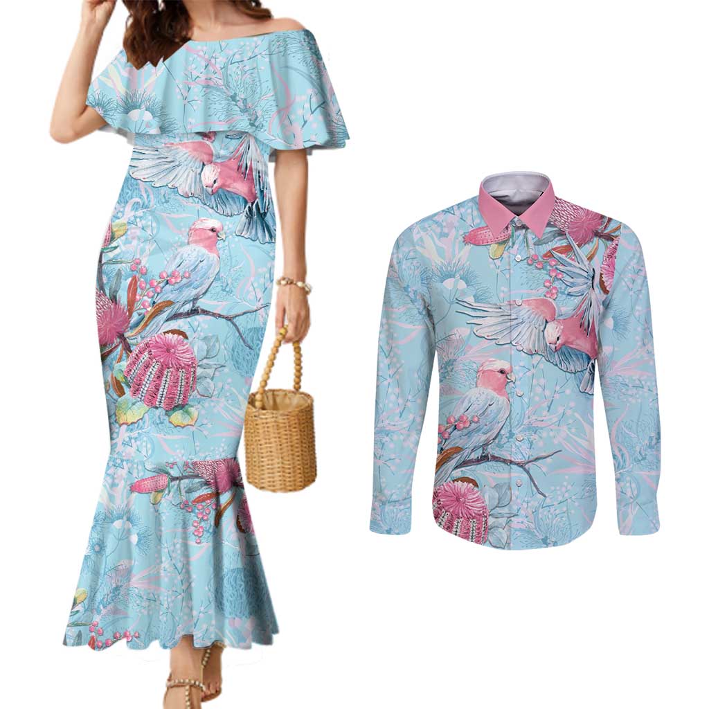 Galah Birds Australia Baby Blue & Pink Couples Matching Mermaid Dress and Long Sleeve Button Shirt - Aussie Hoodie