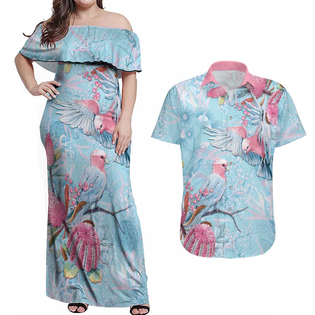 Galah Birds Australia Baby Blue & Pink Couples Matching Off Shoulder Maxi Dress and Hawaiian Shirt - Aussie Hoodie