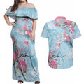 Galah Birds Australia Baby Blue & Pink Couples Matching Off Shoulder Maxi Dress and Hawaiian Shirt - Aussie Hoodie