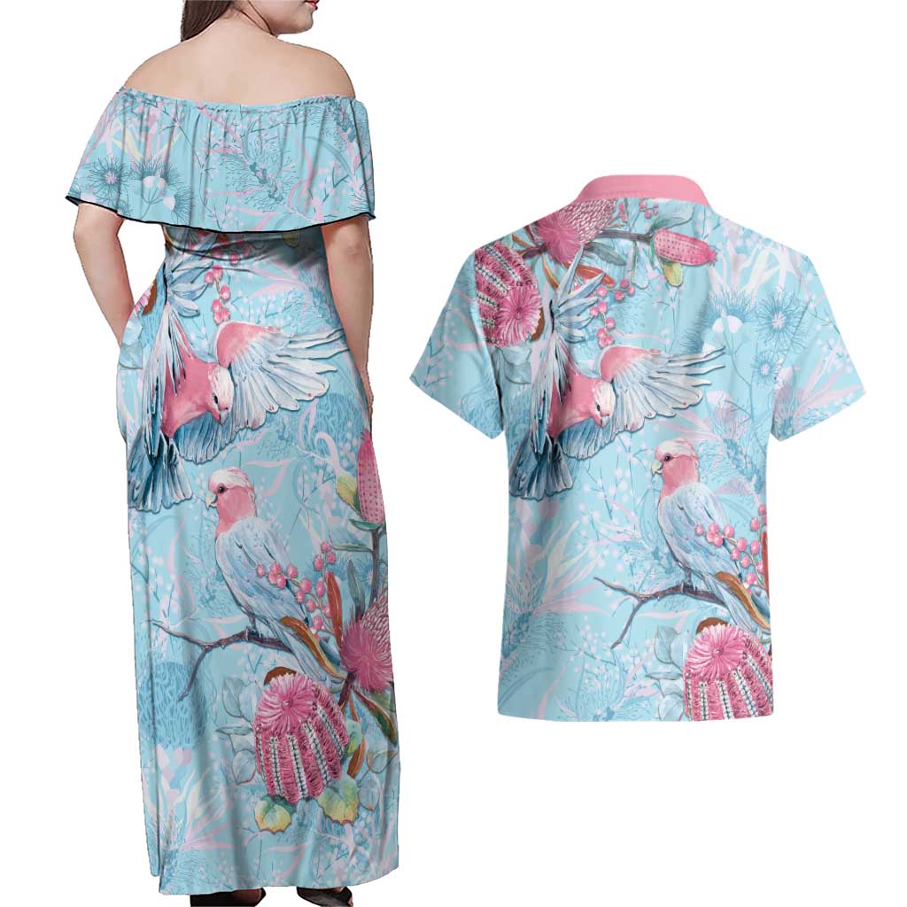 Galah Birds Australia Baby Blue & Pink Couples Matching Off Shoulder Maxi Dress and Hawaiian Shirt - Aussie Hoodie