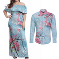 Galah Birds Australia Baby Blue & Pink Couples Matching Off Shoulder Maxi Dress and Long Sleeve Button Shirt - Aussie Hoodie