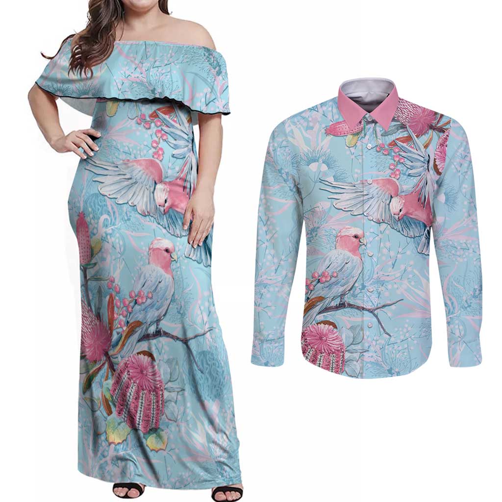 Galah Birds Australia Baby Blue & Pink Couples Matching Off Shoulder Maxi Dress and Long Sleeve Button Shirt - Aussie Hoodie