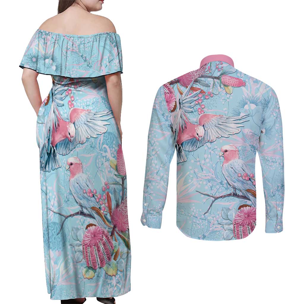 Galah Birds Australia Baby Blue & Pink Couples Matching Off Shoulder Maxi Dress and Long Sleeve Button Shirt - Aussie Hoodie
