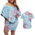 Galah Birds Australia Baby Blue & Pink Couples Matching Off Shoulder Short Dress and Hawaiian Shirt - Aussie Hoodie