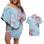 Galah Birds Australia Baby Blue & Pink Couples Matching Off Shoulder Short Dress and Hawaiian Shirt - Aussie Hoodie
