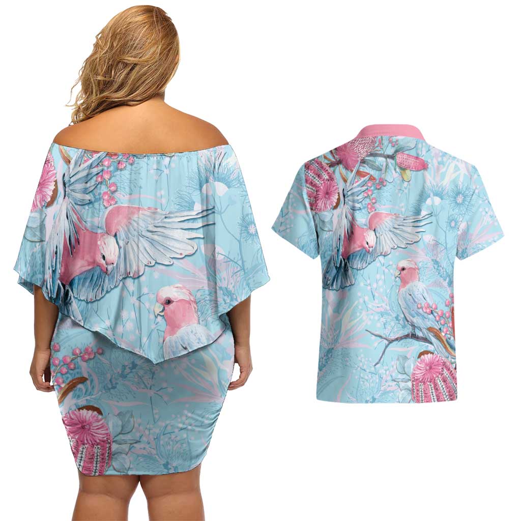 Galah Birds Australia Baby Blue & Pink Couples Matching Off Shoulder Short Dress and Hawaiian Shirt - Aussie Hoodie