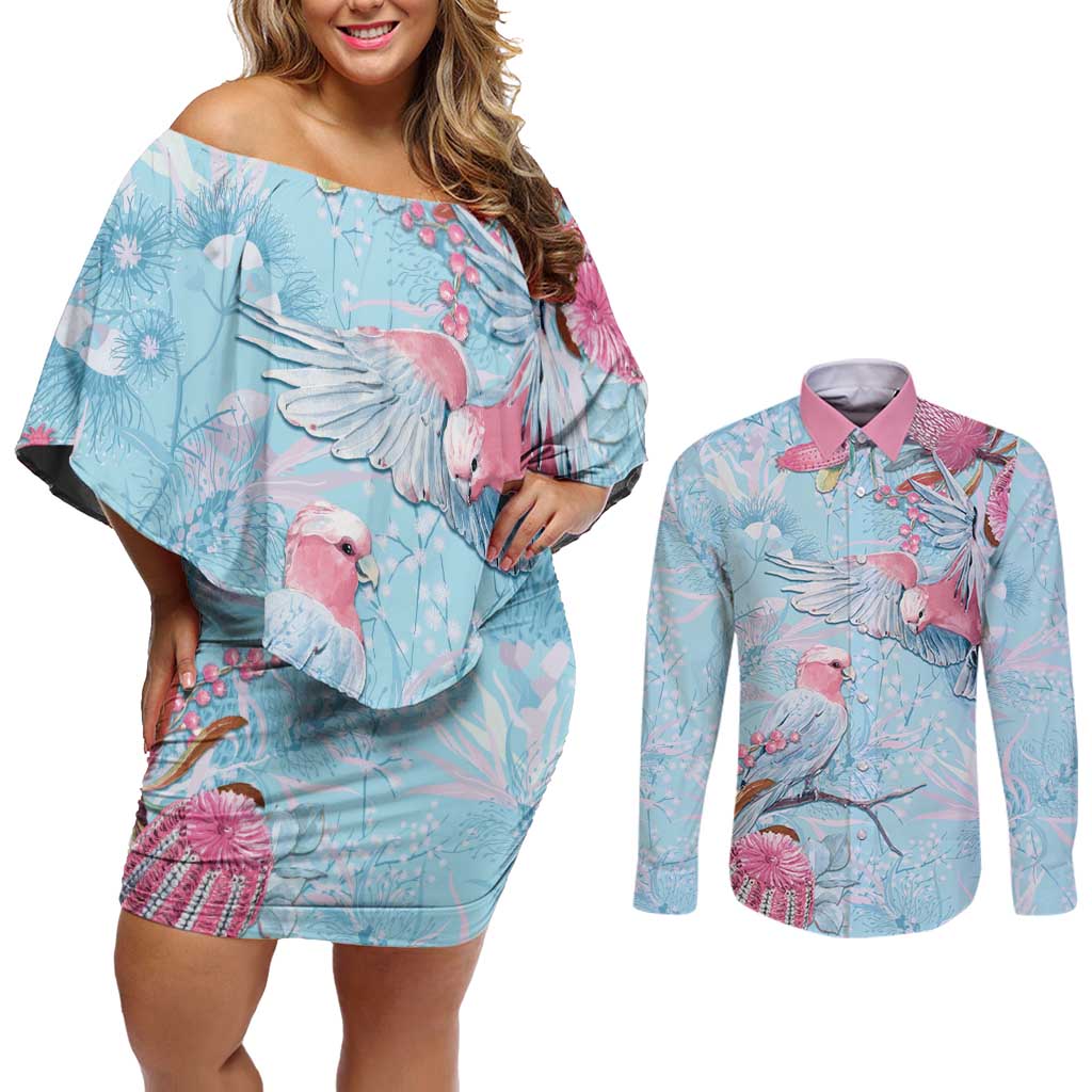 Galah Birds Australia Baby Blue & Pink Couples Matching Off Shoulder Short Dress and Long Sleeve Button Shirt - Aussie Hoodie