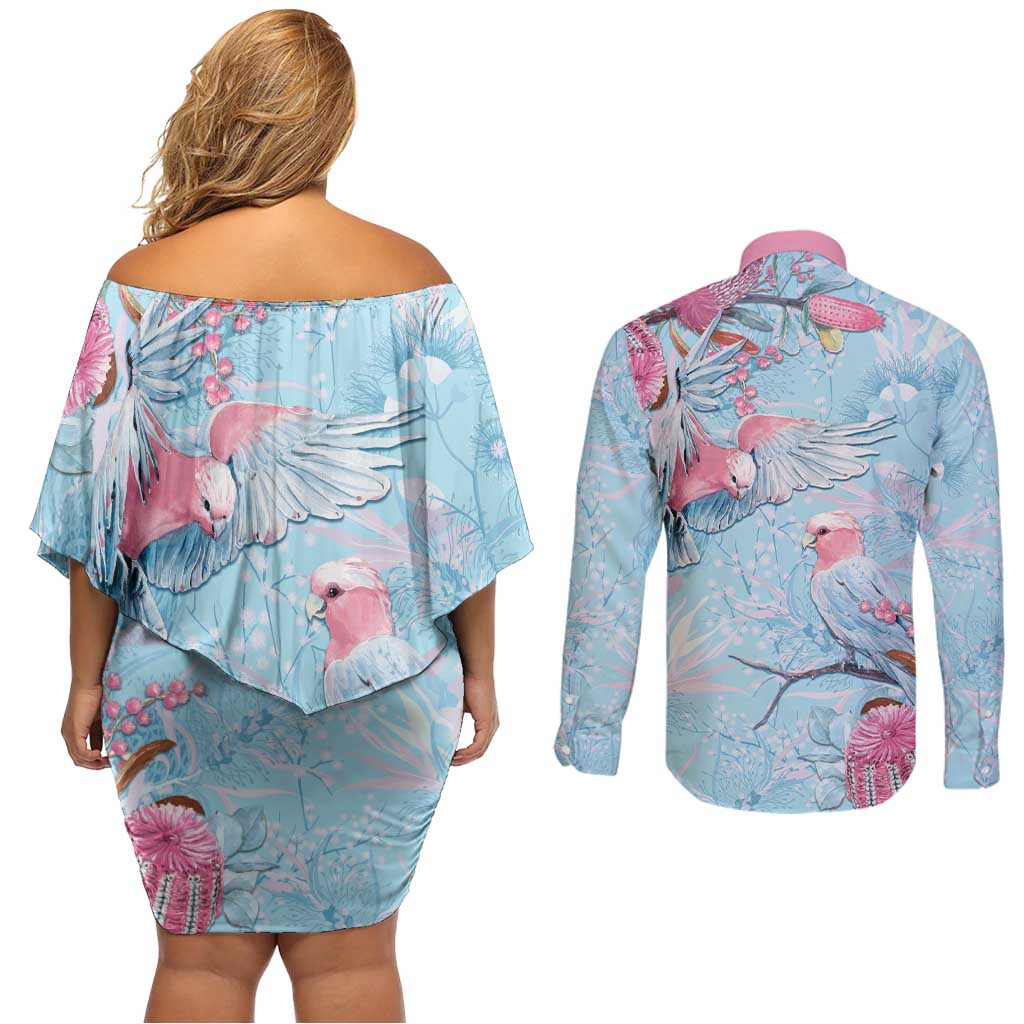 Galah Birds Australia Baby Blue & Pink Couples Matching Off Shoulder Short Dress and Long Sleeve Button Shirt - Aussie Hoodie