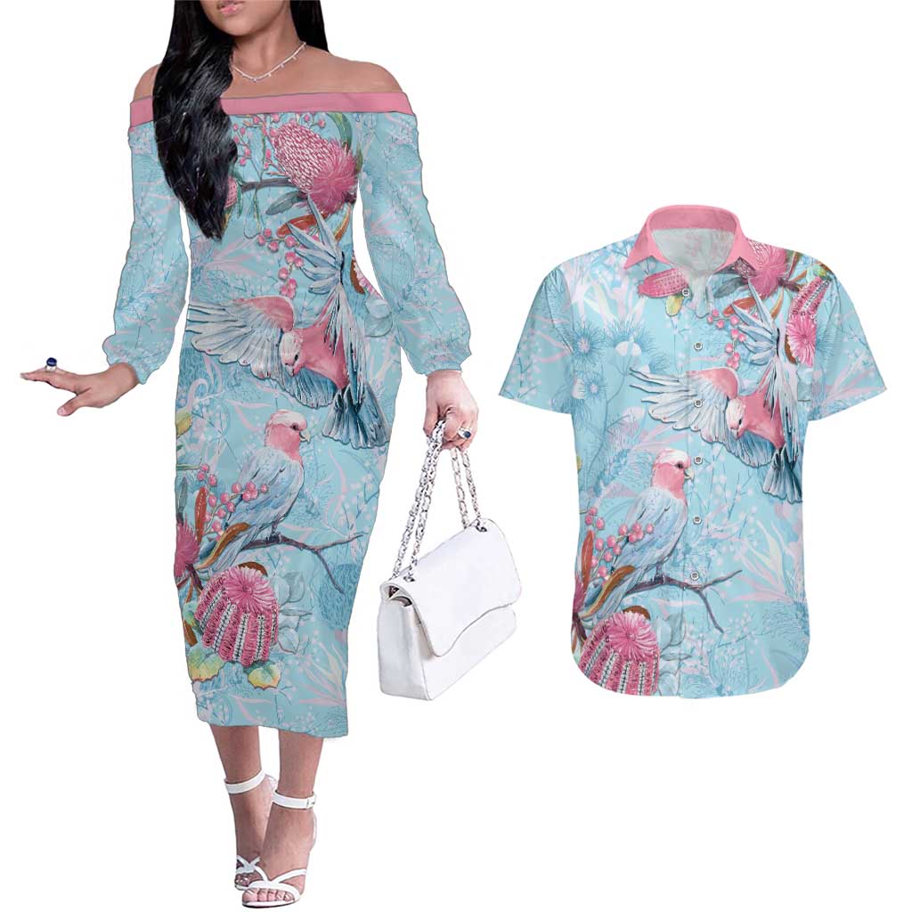 Galah Birds Australia Baby Blue & Pink Couples Matching Off The Shoulder Long Sleeve Dress and Hawaiian Shirt - Aussie Hoodie