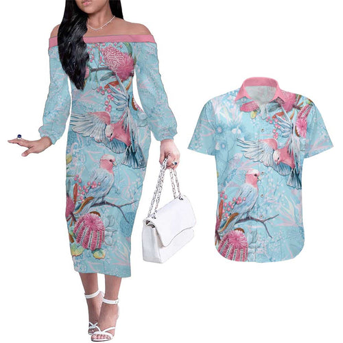 Galah Birds Australia Baby Blue & Pink Couples Matching Off The Shoulder Long Sleeve Dress and Hawaiian Shirt - Aussie Hoodie