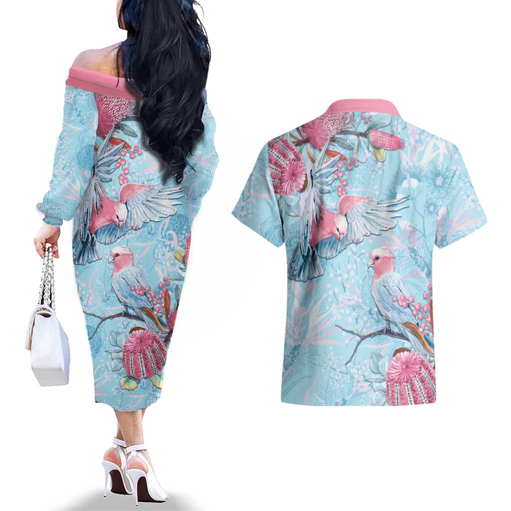 Galah Birds Australia Baby Blue & Pink Couples Matching Off The Shoulder Long Sleeve Dress and Hawaiian Shirt - Aussie Hoodie