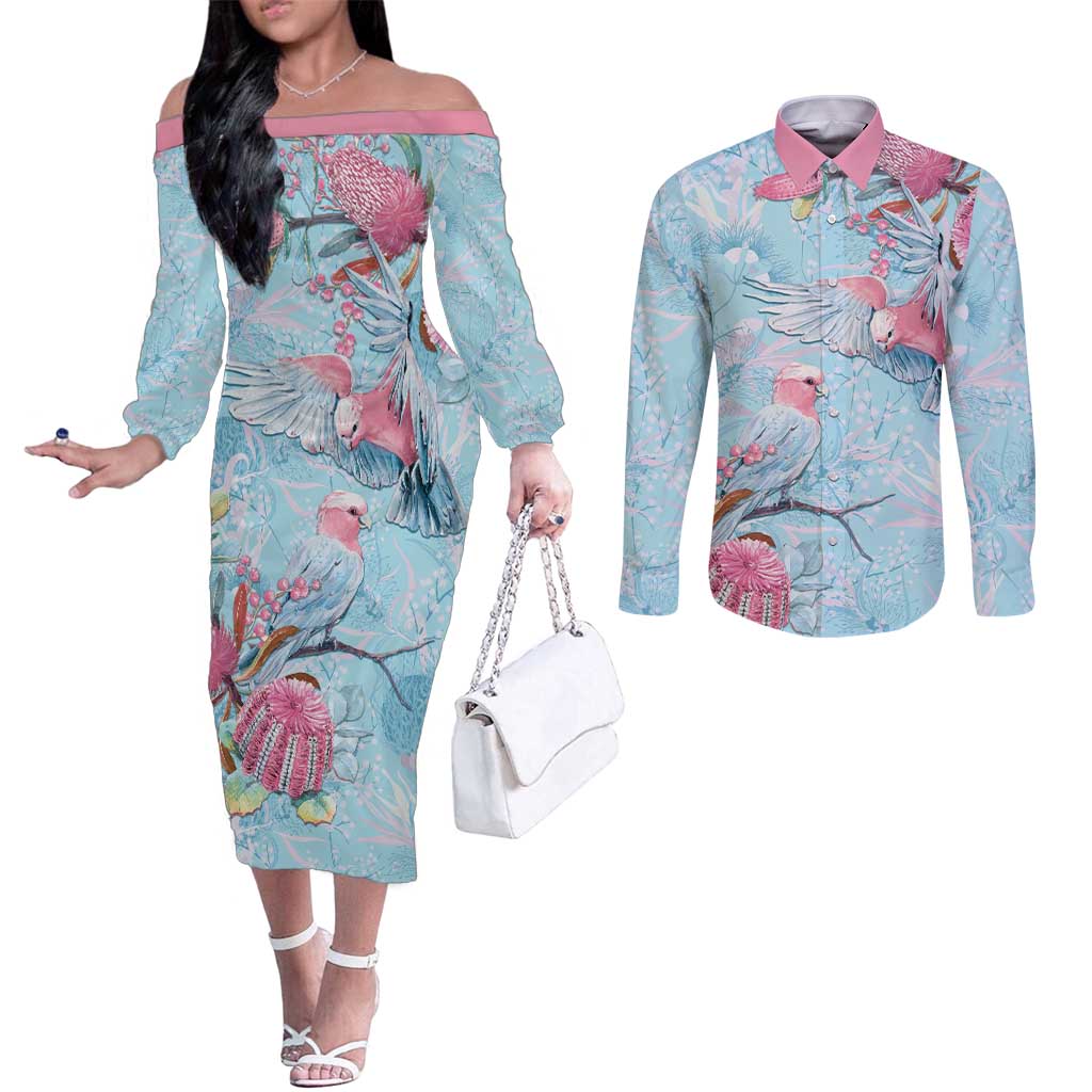 Galah Birds Australia Baby Blue & Pink Couples Matching Off The Shoulder Long Sleeve Dress and Long Sleeve Button Shirt - Aussie Hoodie