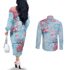 Galah Birds Australia Baby Blue & Pink Couples Matching Off The Shoulder Long Sleeve Dress and Long Sleeve Button Shirt - Aussie Hoodie