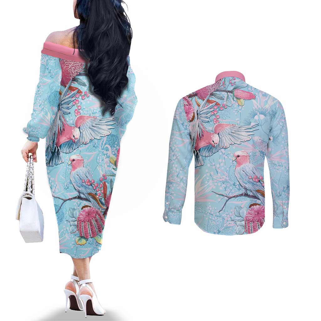 Galah Birds Australia Baby Blue & Pink Couples Matching Off The Shoulder Long Sleeve Dress and Long Sleeve Button Shirt - Aussie Hoodie