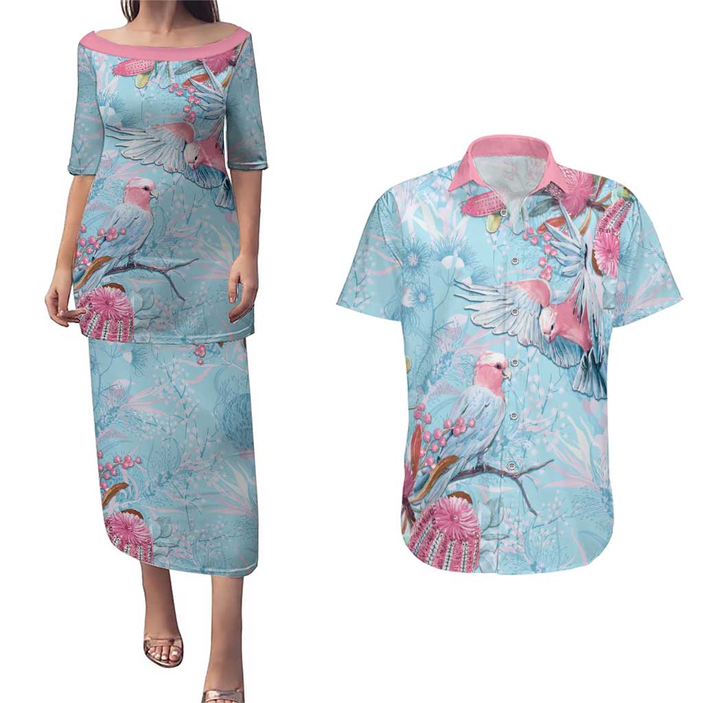 Galah Birds Australia Baby Blue & Pink Couples Matching Puletasi and Hawaiian Shirt - Aussie Hoodie