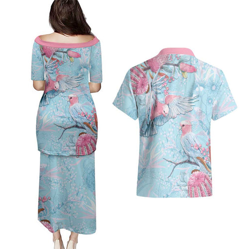Galah Birds Australia Baby Blue & Pink Couples Matching Puletasi and Hawaiian Shirt - Aussie Hoodie