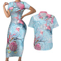 Galah Birds Australia Baby Blue & Pink Couples Matching Short Sleeve Bodycon Dress and Hawaiian Shirt - Aussie Hoodie