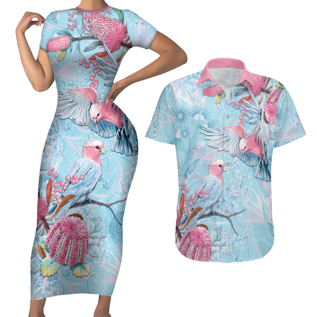 Galah Birds Australia Baby Blue & Pink Couples Matching Short Sleeve Bodycon Dress and Hawaiian Shirt - Aussie Hoodie