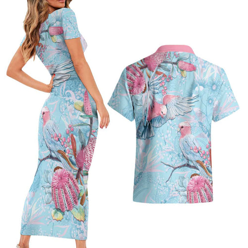 Galah Birds Australia Baby Blue & Pink Couples Matching Short Sleeve Bodycon Dress and Hawaiian Shirt - Aussie Hoodie