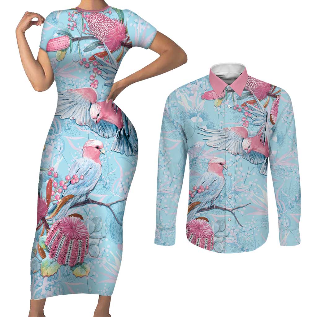 Galah Birds Australia Baby Blue & Pink Couples Matching Short Sleeve Bodycon Dress and Long Sleeve Button Shirt - Aussie Hoodie