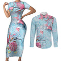 Galah Birds Australia Baby Blue & Pink Couples Matching Short Sleeve Bodycon Dress and Long Sleeve Button Shirt - Aussie Hoodie