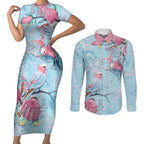 Galah Birds Australia Baby Blue & Pink Couples Matching Short Sleeve Bodycon Dress and Long Sleeve Button Shirt - Aussie Hoodie