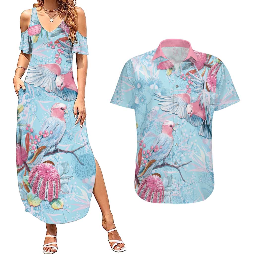 Galah Birds Australia Baby Blue & Pink Couples Matching Summer Maxi Dress and Hawaiian Shirt - Aussie Hoodie