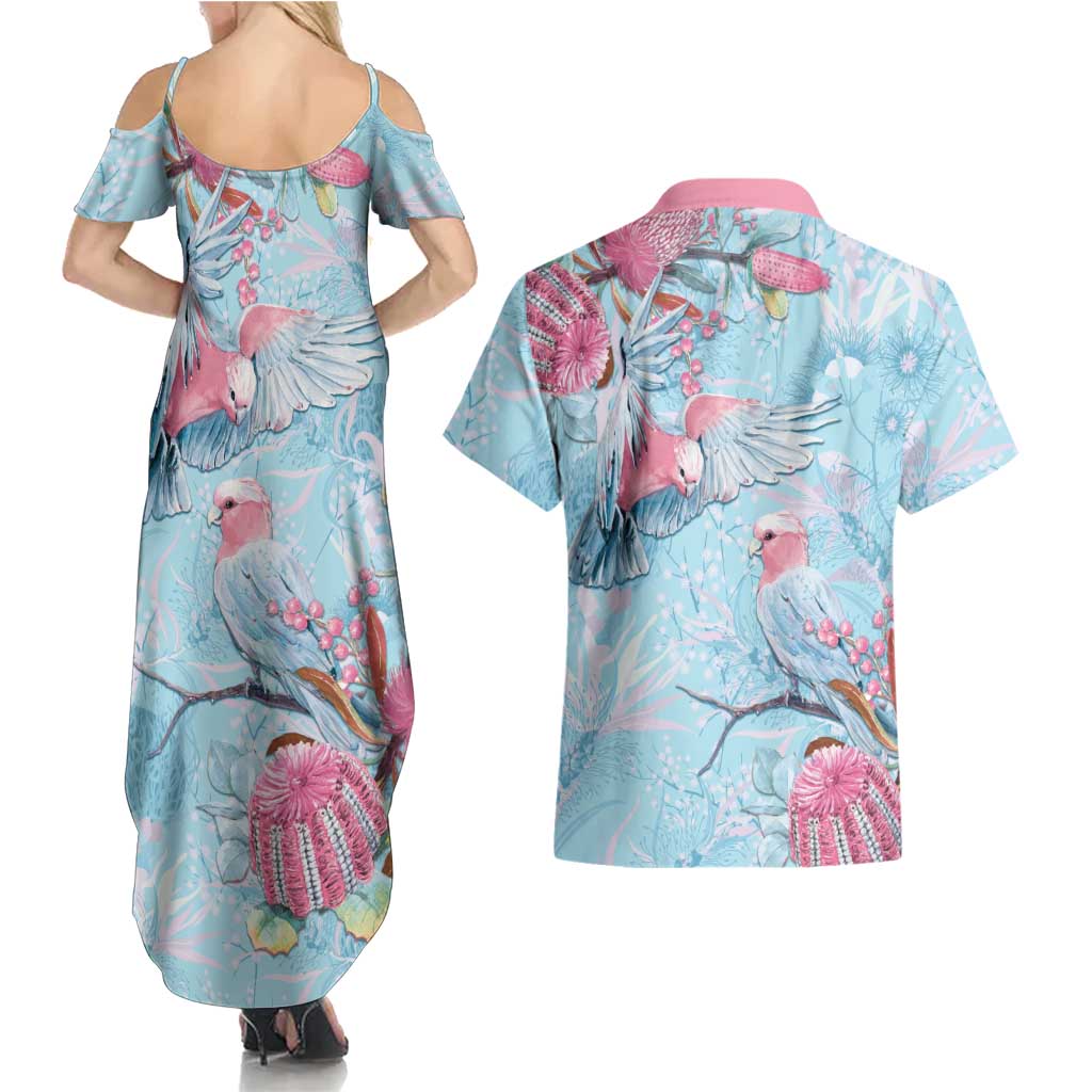 Galah Birds Australia Baby Blue & Pink Couples Matching Summer Maxi Dress and Hawaiian Shirt - Aussie Hoodie