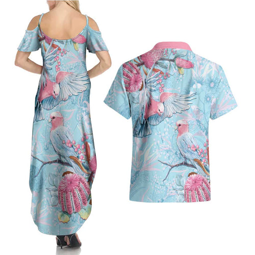 Galah Birds Australia Baby Blue & Pink Couples Matching Summer Maxi Dress and Hawaiian Shirt - Aussie Hoodie