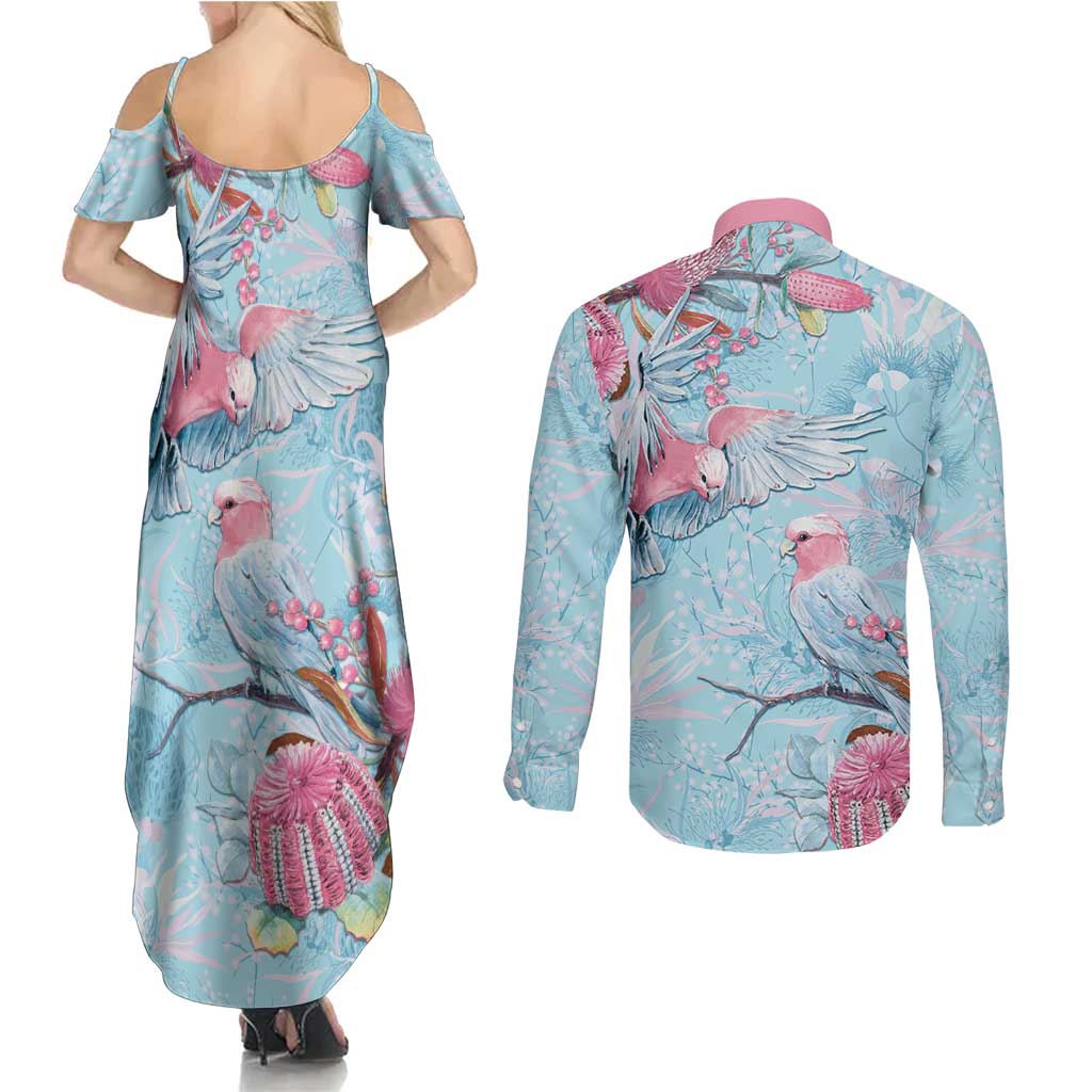 Galah Birds Australia Baby Blue & Pink Couples Matching Summer Maxi Dress and Long Sleeve Button Shirt - Aussie Hoodie